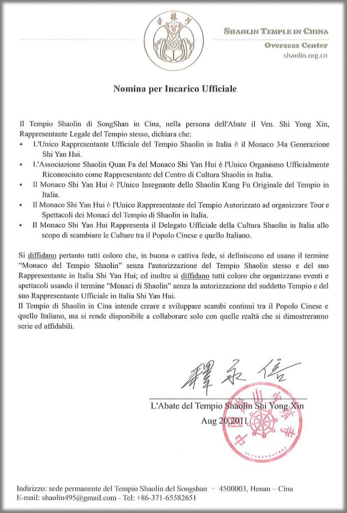 Nomina per l'incarico ufficiale di Shi Yan Hui come rappresentante ufficiale in Italia